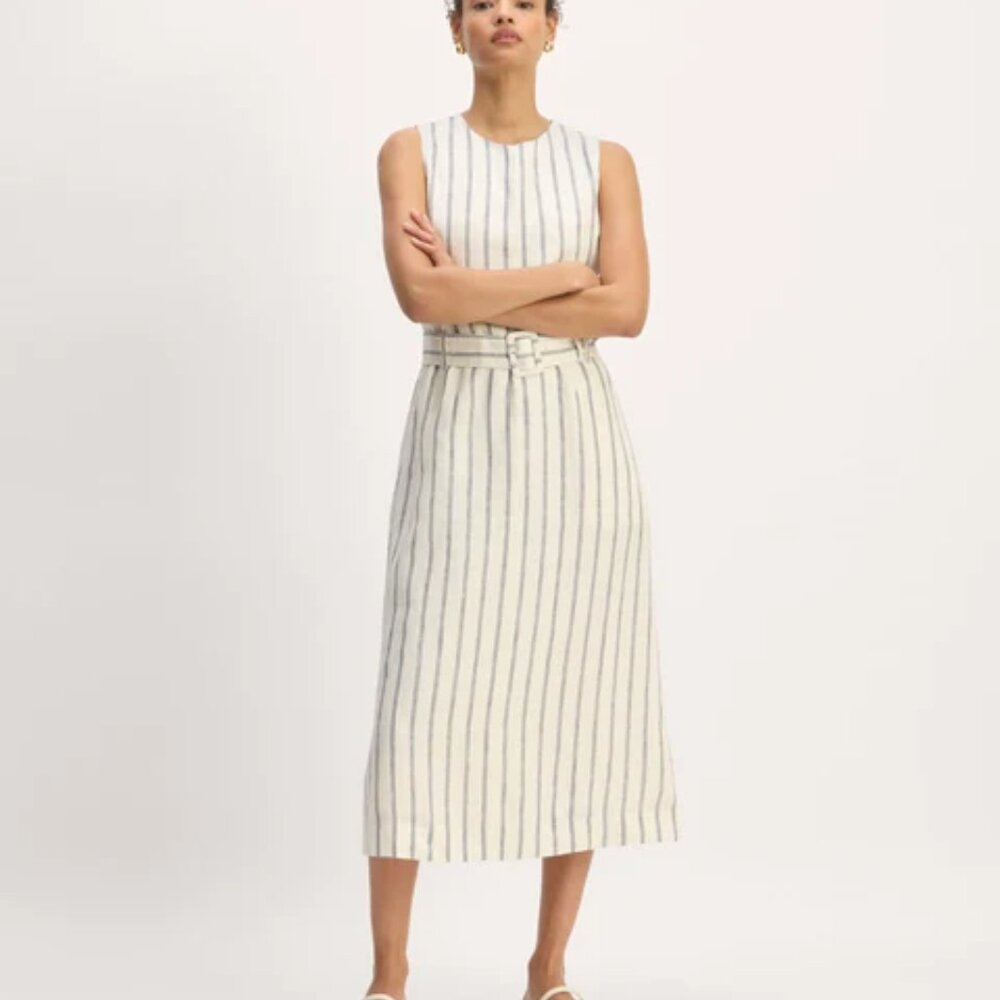 Everlane The Linen Belted Midi Dress - Bone / Navy Size 8 - NWT